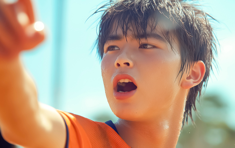 汗をかいた男子生徒が真剣な表情で何かを指さしている。